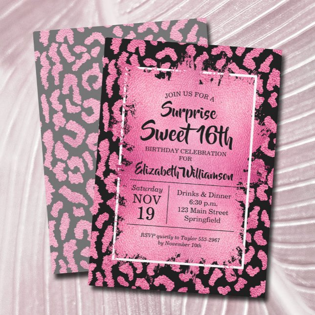 Pink Leopard 16th Birthday Party Invitations (Pink and black leopard surprise 16th birthday party invitations, PRINTED and/or INSTANT DOWNLOAD)