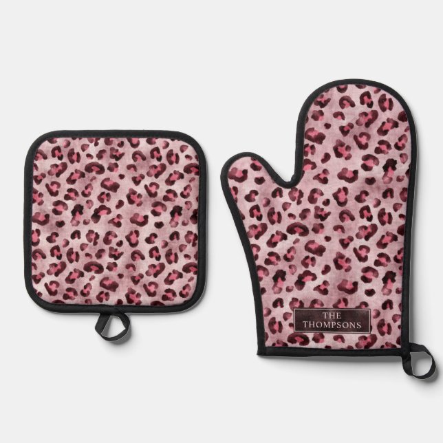 Pink Leopard Animal Print With Faux Foil And Name Oven Mitt & Pot Holder Set (Front)
