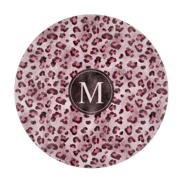 Pink Leopard Animal Print With Faux Foil Monogram Cutting Board (Front)