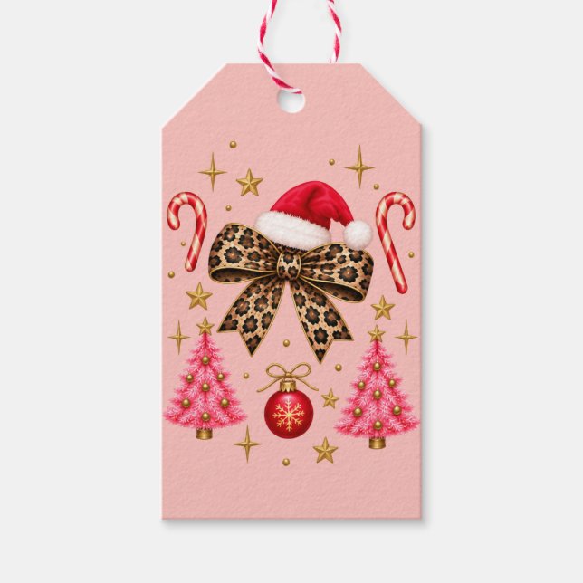Pink Leopard Bow Christmas Gift Tags (Front)