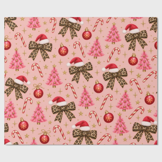 Pink Leopard Bows Christmas Pattern Wrapping Paper (Flat)