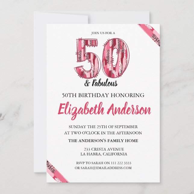 Pink Leopard Brush Stroke 50 and Fabulous Birthday (Front)