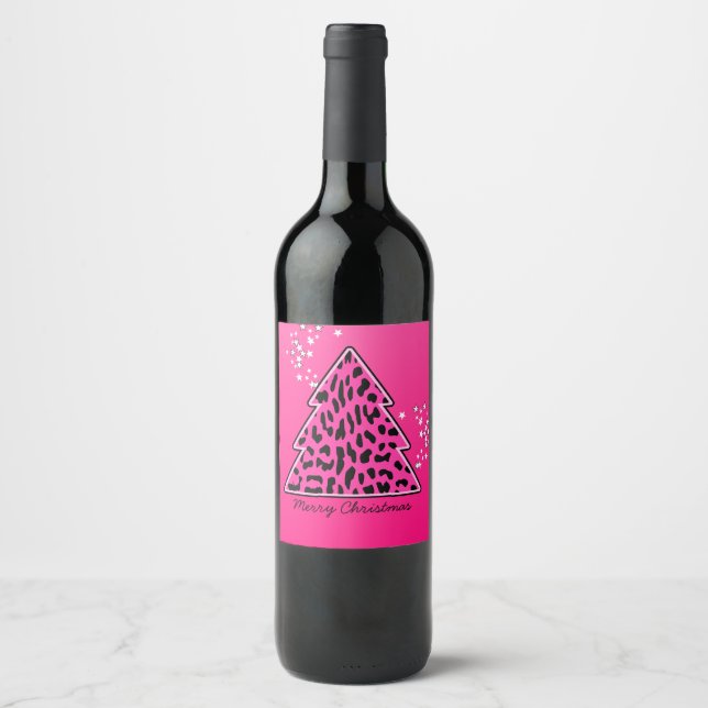 Pink Leopard Cheetah Christmas Tree Wine Label (Front)
