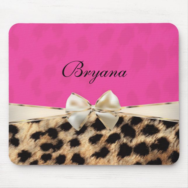 Pink & Leopard Cheetah Print Bow Mouse Pad (Front)