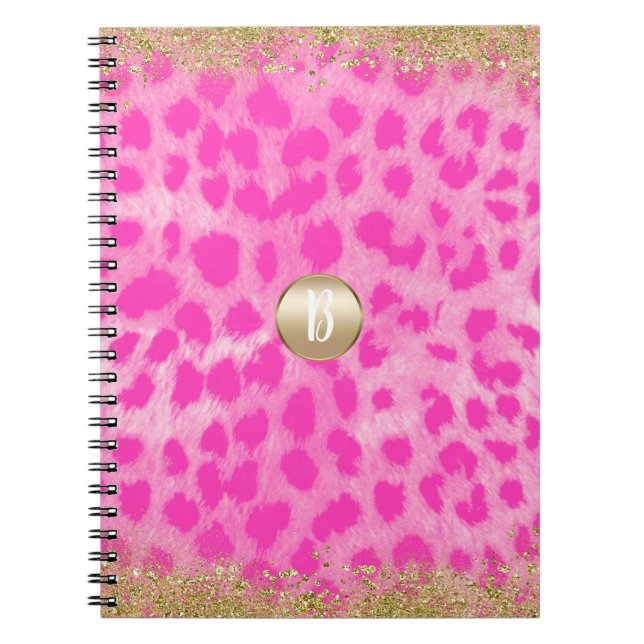Pink Leopard Cheetah Print Gold Glitter Modern Spiral Notebook (Front)