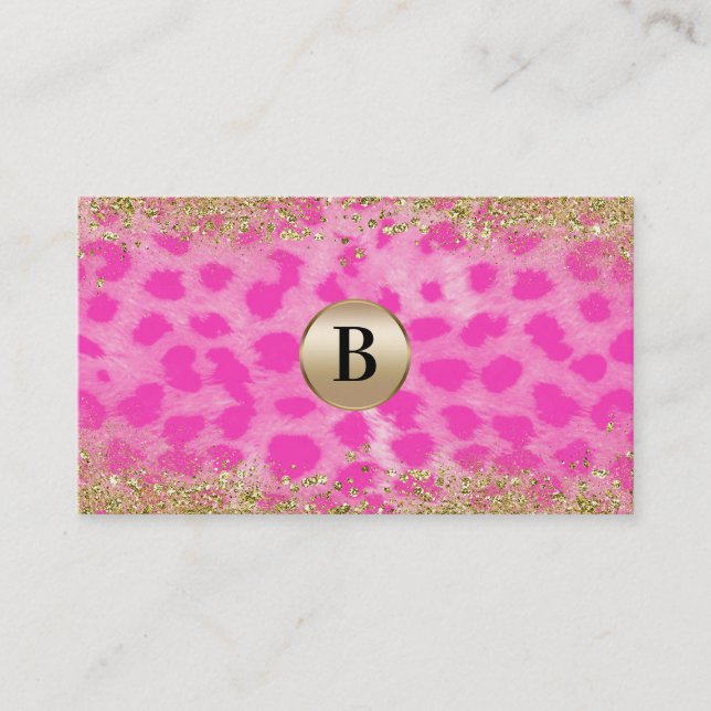Pink Leopard Cheetah Print Gold Glitter Monogram Business Card (Front)