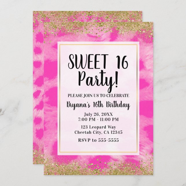 Pink Leopard Cheetah Print Gold Glitter Party Invitation (Front/Back)