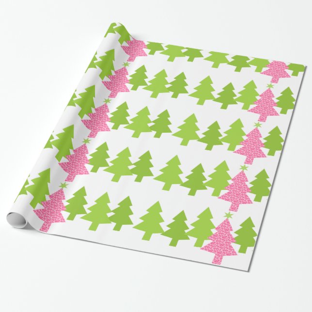 Pink Leopard Christmas Tree Wrapping Paper (Unrolled)