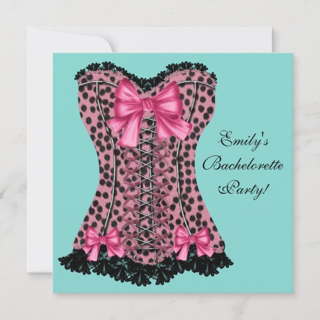 Pink Leopard Corset Teal Blue Bachelorette Party Invitation (Front)