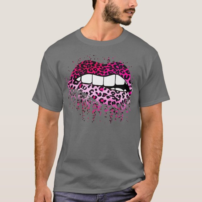 Pink Leopard Drip Splatter Biting Lips Gift T-Shirt (Front)