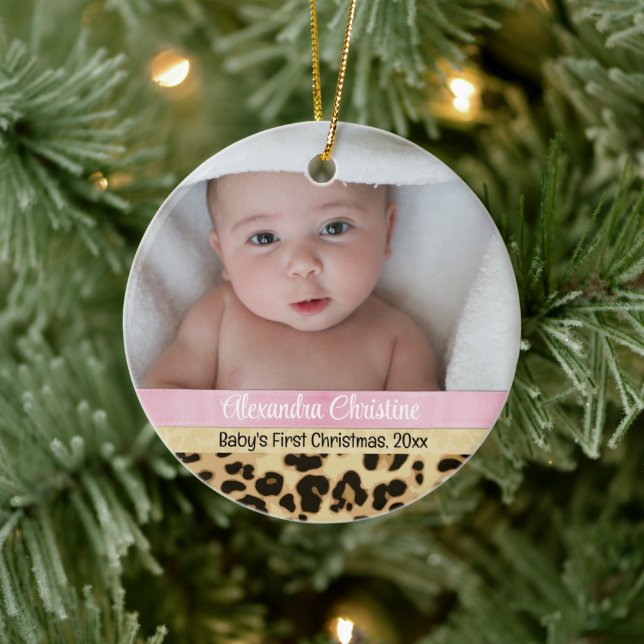 Pink Leopard Girl Babys First Christmas Photo Ceramic Tree Decoration (Tree)