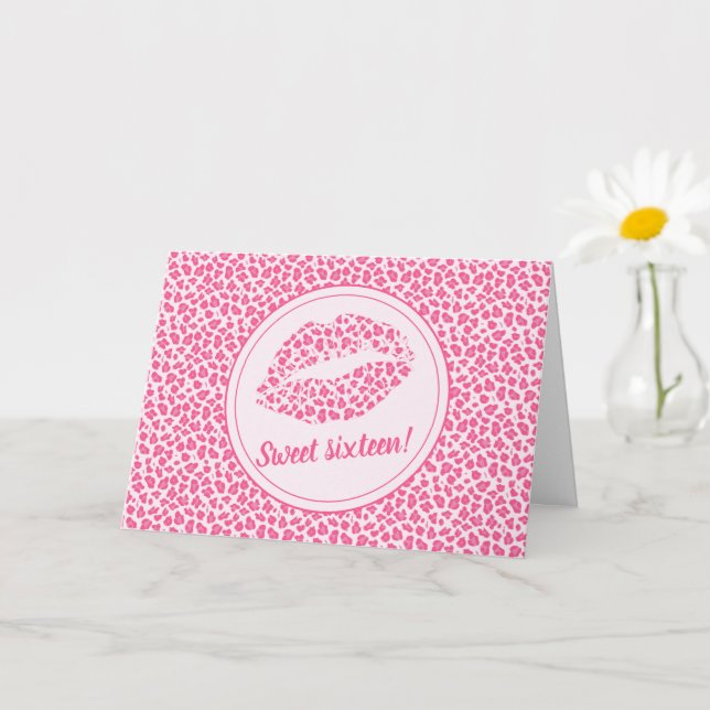 Pink Leopard Kiss - Sweet Sixteen Birthday Card (Small Plant)