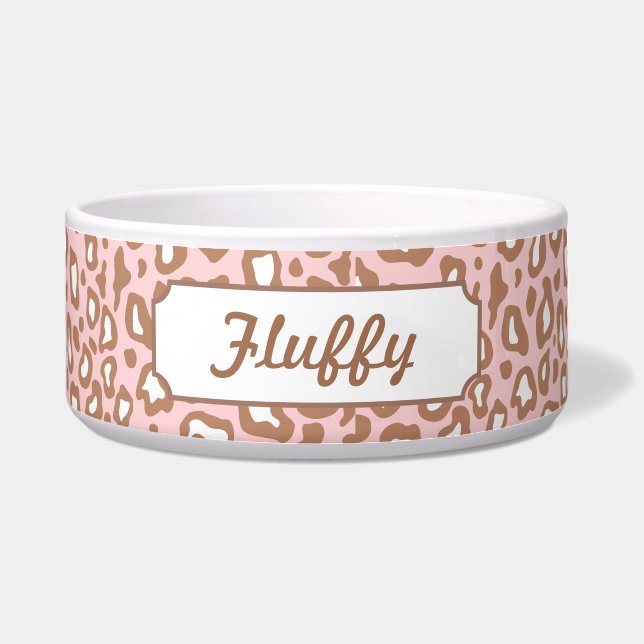 Pink Leopard Name Dog Cat Pet Food Water Bowl (Front)