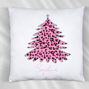 Pink Leopard Pattern Christmas Tree Custom Name Cushion