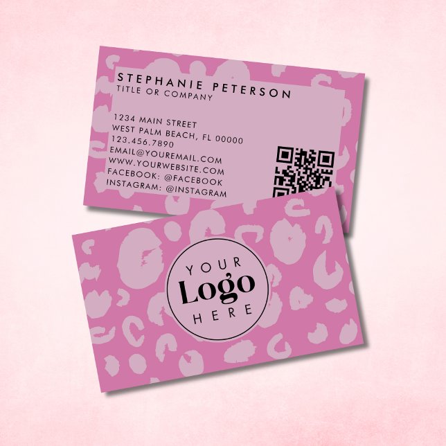 Pink Leopard Print Custom Company Logo QR Code Business Card (Creator Uploaded)