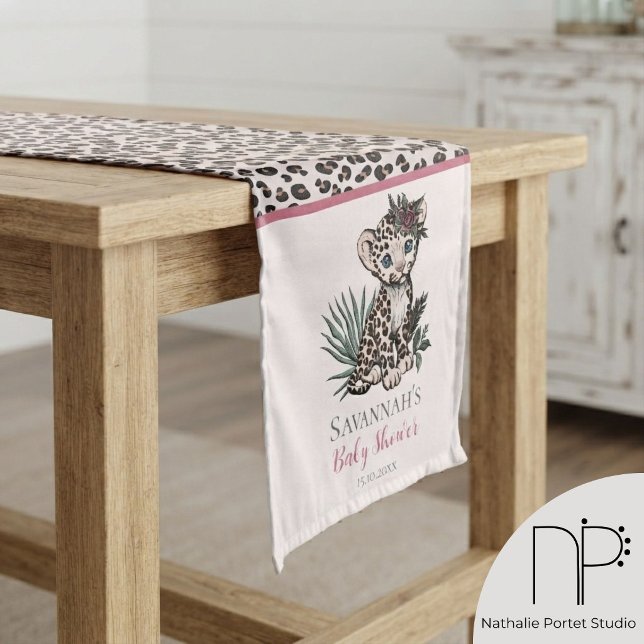 Pink Leopard Print Girl Cub Medium Table Runner (Hand-drawn pink leopard print table runner for safari baby showers and wild one birthday parties)