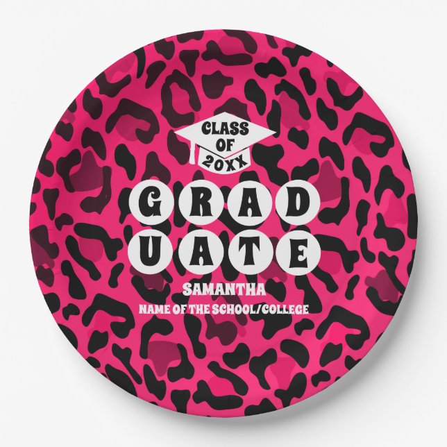 Pink Leopard Print Graduation Party Paper Plate (Front)