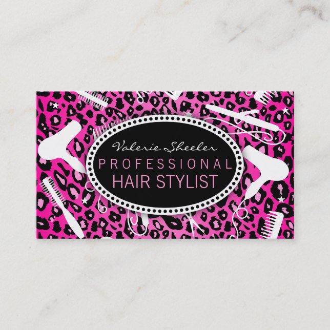 Pink Leopard Print Hair Salon Tools (Custom) Business Card (Front)