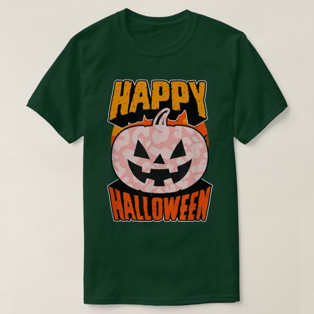 Pink Leopard Print Happy Halloween Party Jack O La T-Shirt (Design Front)