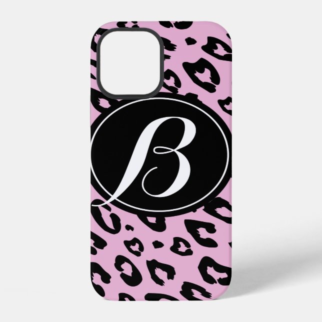 Pink leopard print iPhone 12 case with monogram (Back)
