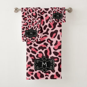Pink Leopard Print Monogram Bath Towel Set