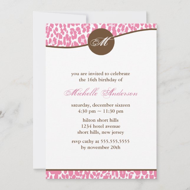 Pink Leopard Print Monogram Birthday Invitation (Front)