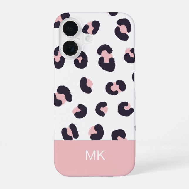 Pink Leopard Print Monogrammed iPhone 16 Case (Back)