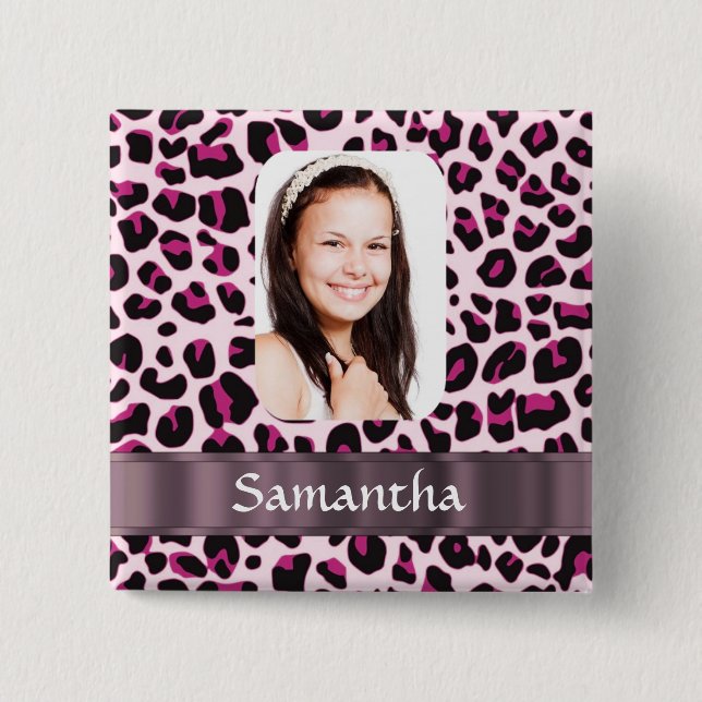 Pink leopard print photo template 15 cm square badge (Front)