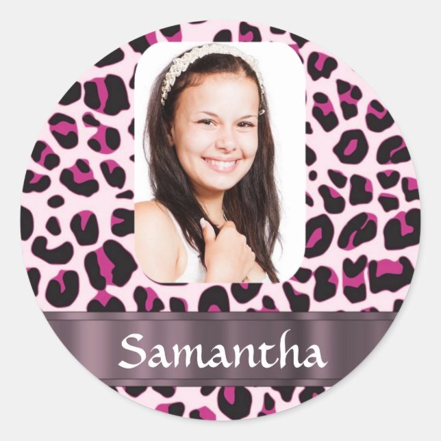 Pink leopard print photo template classic round sticker (Front)