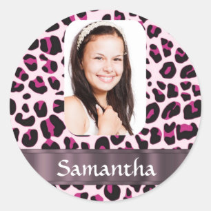 Pink leopard print photo template classic round sticker