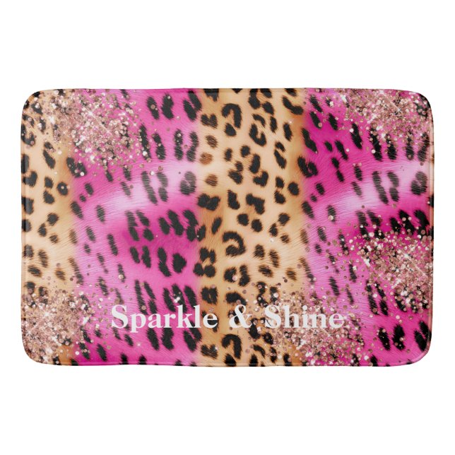 Pink Leopard Print Rose Gold Glitzy Glitter  Bath Mat (Front)