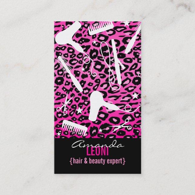 Pink Leopard Print Salon Tools (Custom) Vertical Business Card (Front)
