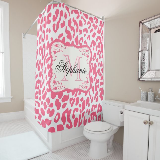 Pink Leopard Print Shower Curtain (In Situ)