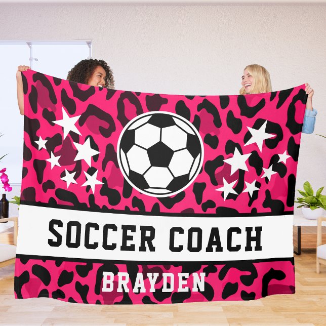 Pink Leopard Print Soccer Coach Name  Fleece Blanket (Creator Uploaded)