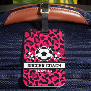 Pink Leopard Print Soccer Coach Name  Luggage Tag