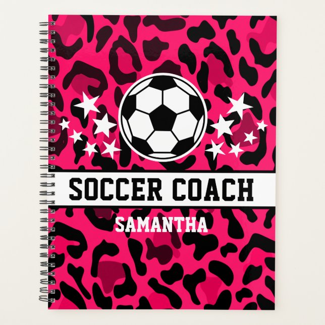 Pink Leopard Print Soccer Coach Name  Planner (Front)