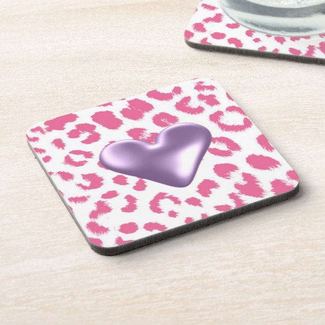 Pink Leopard Print With Heart Design Coaster (Left Side)