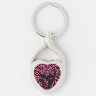 Pink leopard skin print punk skull key ring