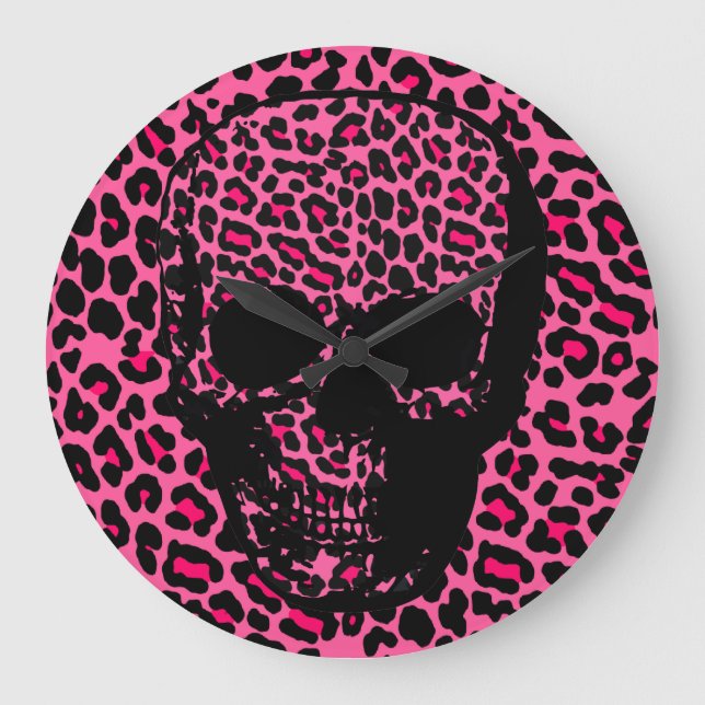 Pink leopard skin print punk skull large clock (Front)