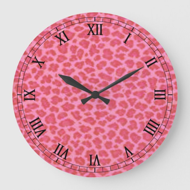 Pink Leopard Skin Round Roman Numerals Clock (Front)