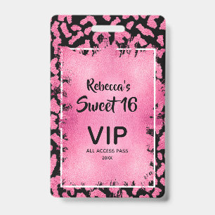 Pink Leopard Sweet 16th Birthday Invite VIP Pass ID Badge