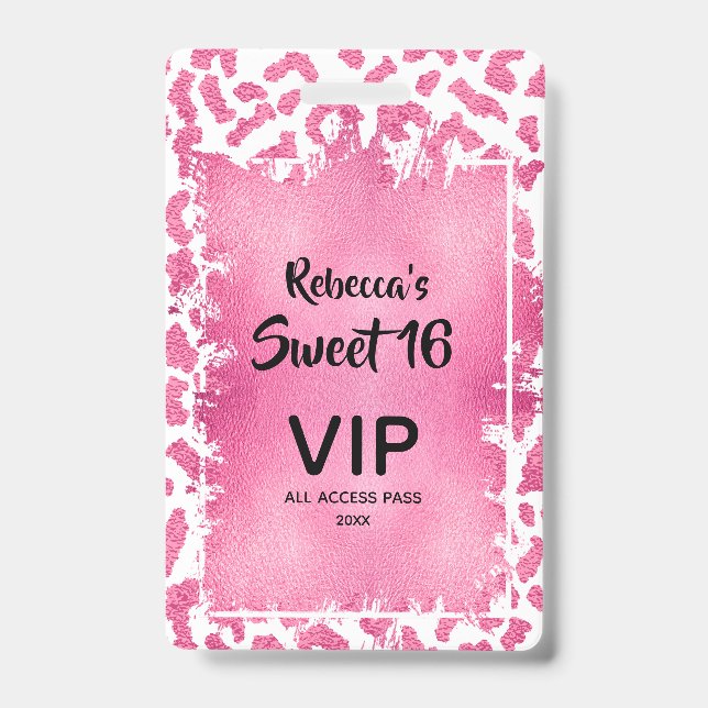 Pink Leopard Sweet 16th Birthday Invite VIP Pass ID Badge (Front)