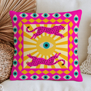 Pink Leopards Evil Eye Sun Maximalist Folk Art Cushion