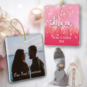 Pink Let it Snow First Christmas Photo  Ceramic Ornament