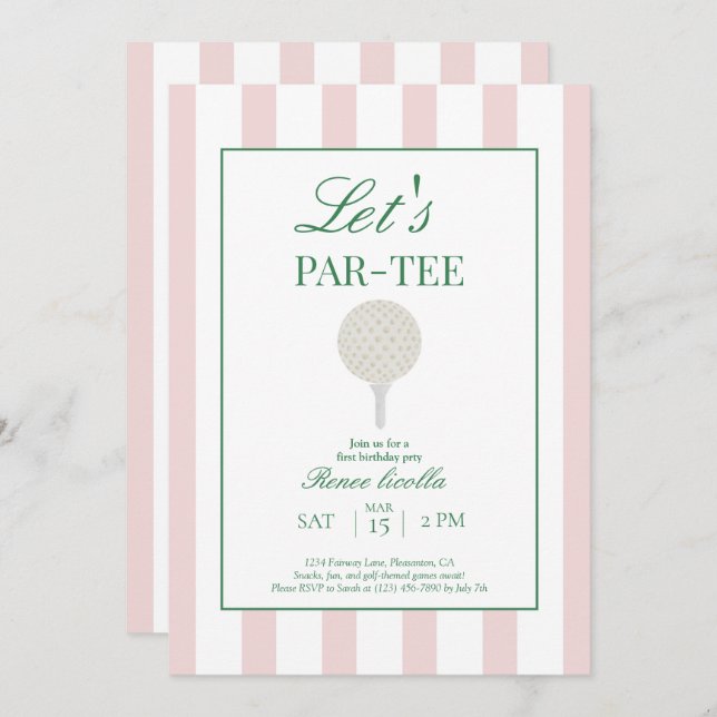 Pink Let’s Par-Tee Golf First Birthday Invitation (Front/Back)