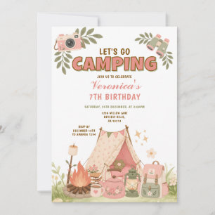 Pink Let's Go Camping Birthday Outdoor Adventure Invitation
