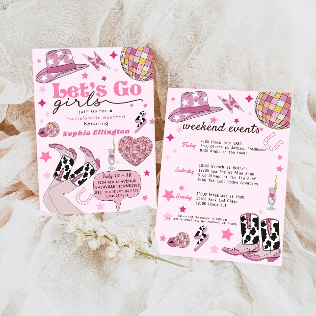 Pink Let's Go Girl Bachelorette Weekend Nash Bash Invitation (Creator Uploaded)