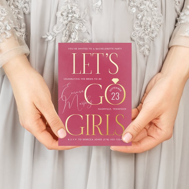 Pink Lets Go Girls Bachelorette Party Foil Invitation Postcard (Pink and gold foil Let's Go Girls country western bachelorette party invitation)