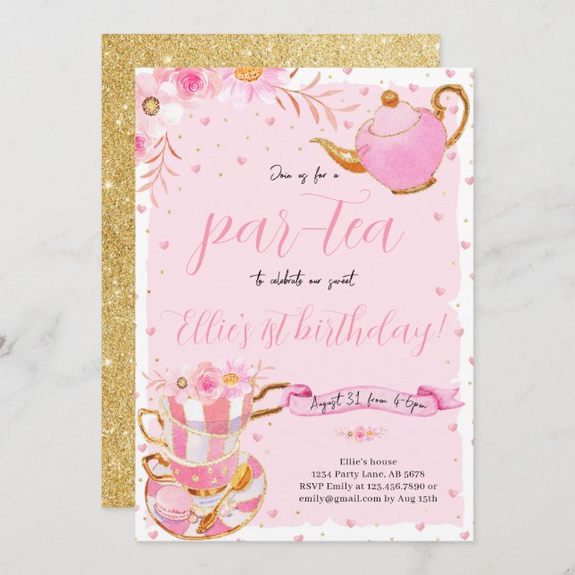 Pink Let's Par-tea Tea Birthday Party Invitation (Front/Back)
