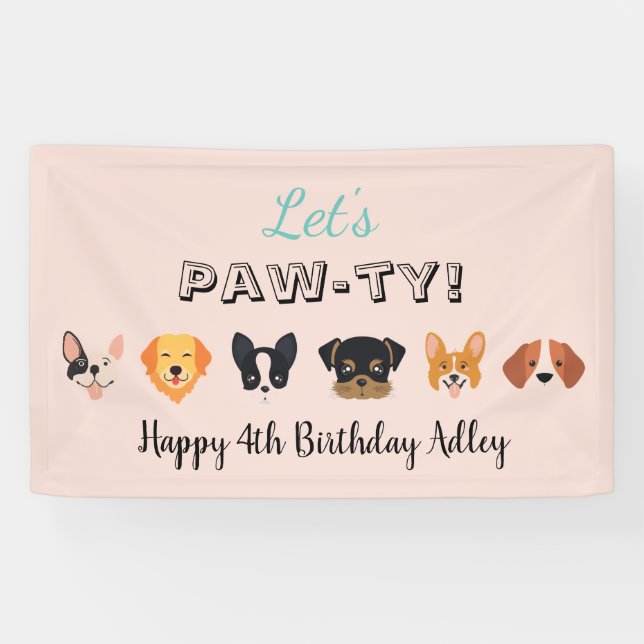 Pink Let's Paw-ty Girl Dog Birthday Party Banner (Horizontal)